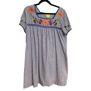 Roberta Roller Rabbit Striped Floral Embroidered Dress - Square Neck - Medium